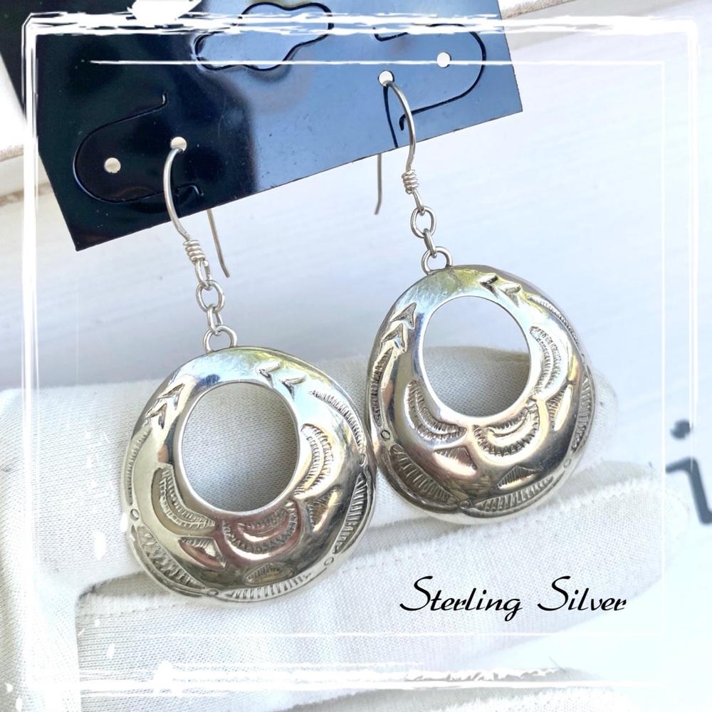 Sterling Silver Stamped Design Native American Made Dangle Earrings
